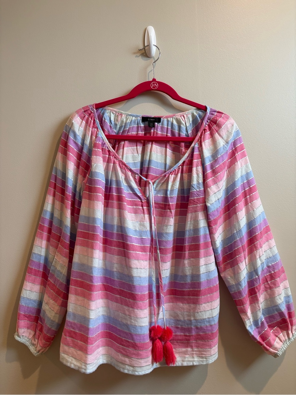 J. Crew Pink Multi-Stripe Peasant Top with Tassels